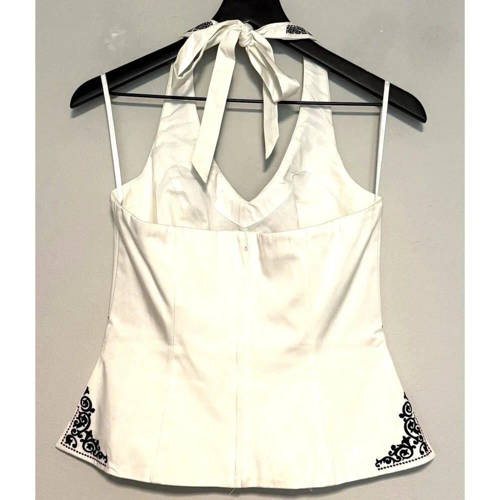 White House Black Market Structured Halter Top Sz US 8 Cotton Embroidered Lined